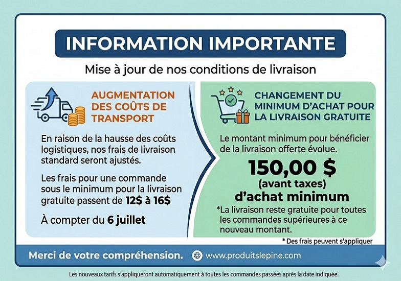 Modification des frais de livraison ainsi que du minimum pour la livraison gratuite le 6 juillet.